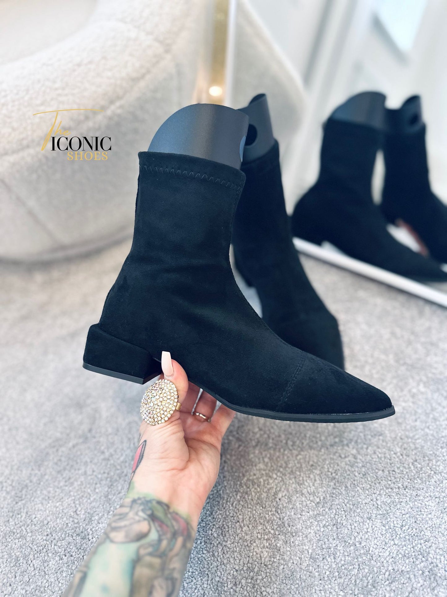 Suede Pointed-Toe Ankle Boots with Rear Zipper and Square Heel SIENNA