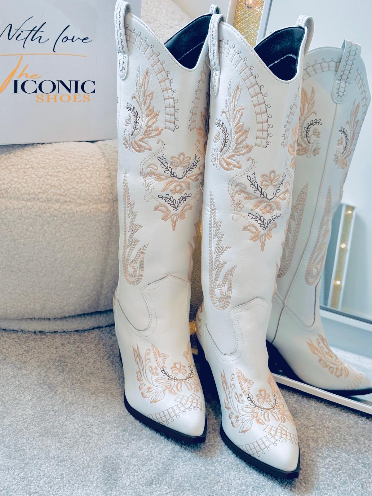 Vintage Embroidery Knee High Cowgirls Boots Pointed Toe MRS JOLENE