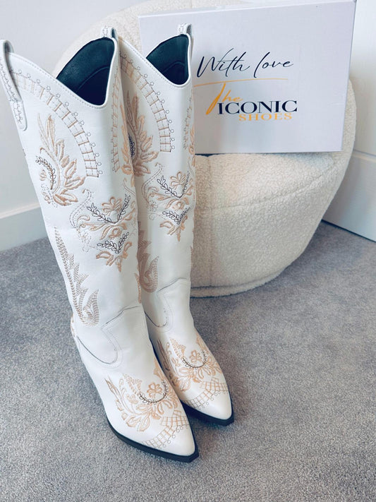 Vintage Embroidery Knee High Cowgirls Boots Pointed Toe MRS JOLENE