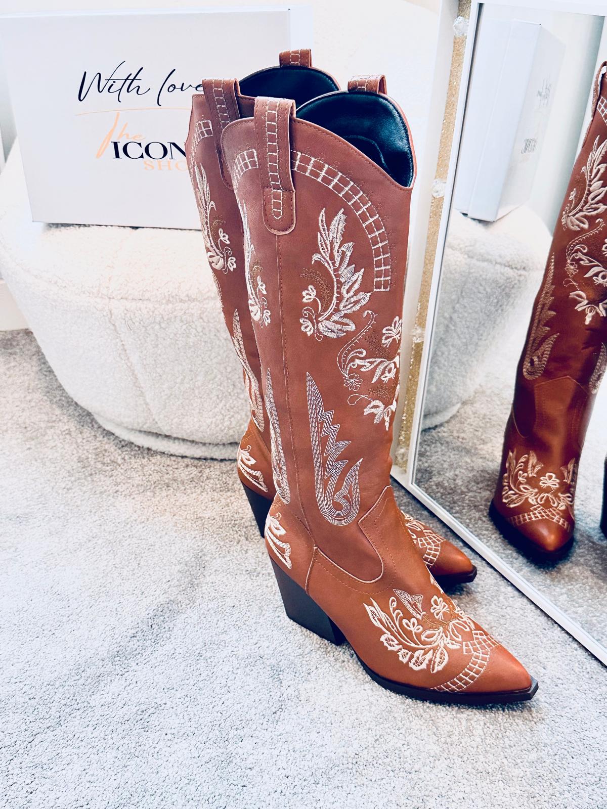 Vintage Embroidery Knee High Cowgirls Boots Pointed Toe MISS POCAHONTAS