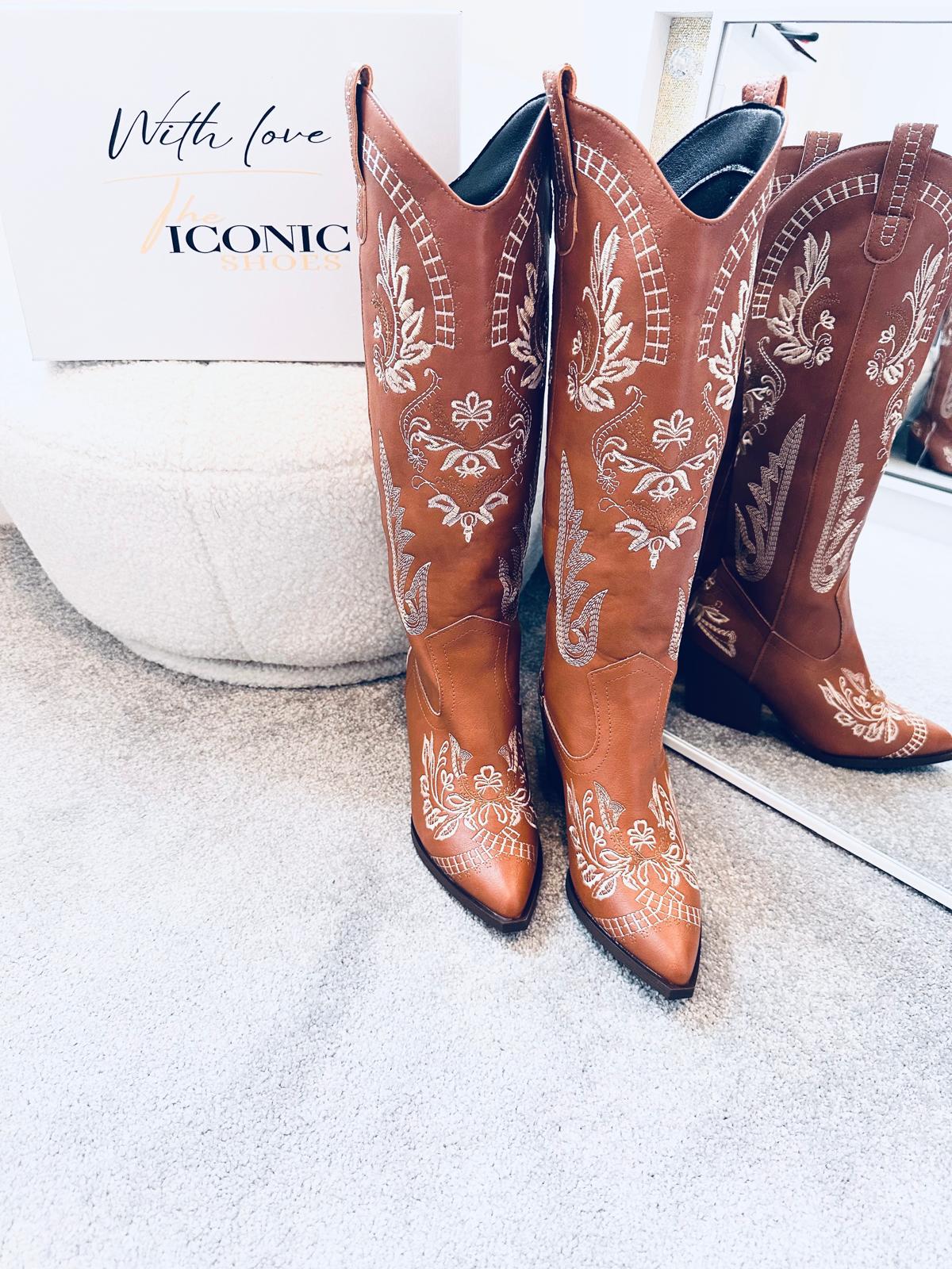 Vintage Embroidery Knee High Cowgirls Boots Pointed Toe MISS POCAHONTAS