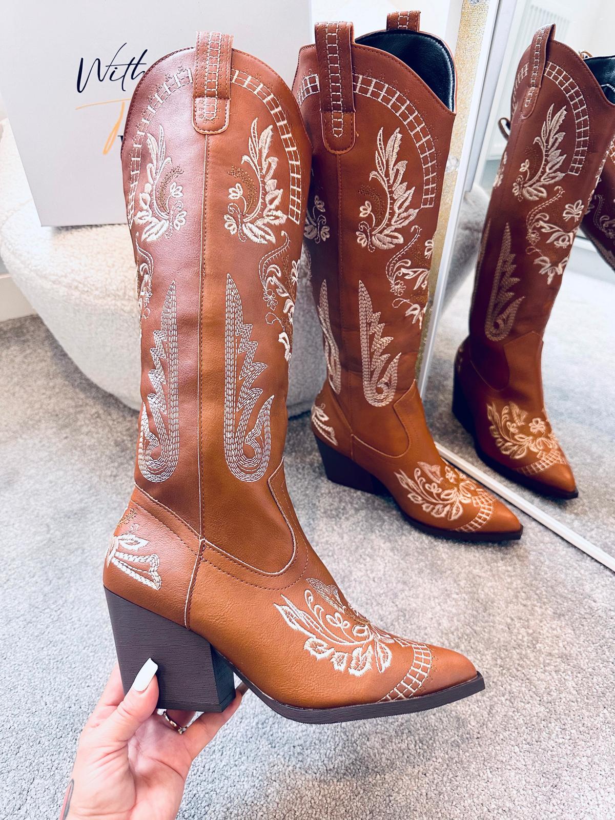 Vintage Embroidery Knee High Cowgirls Boots Pointed Toe MISS POCAHONTAS