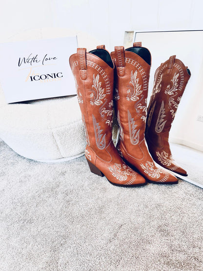 Vintage Embroidery Knee High Cowgirls Boots Pointed Toe MISS POCAHONTAS