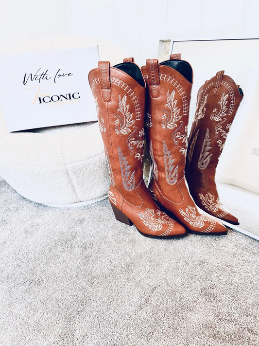 Vintage Embroidery Knee High Cowgirls Boots Pointed Toe MISS POCAHONTAS