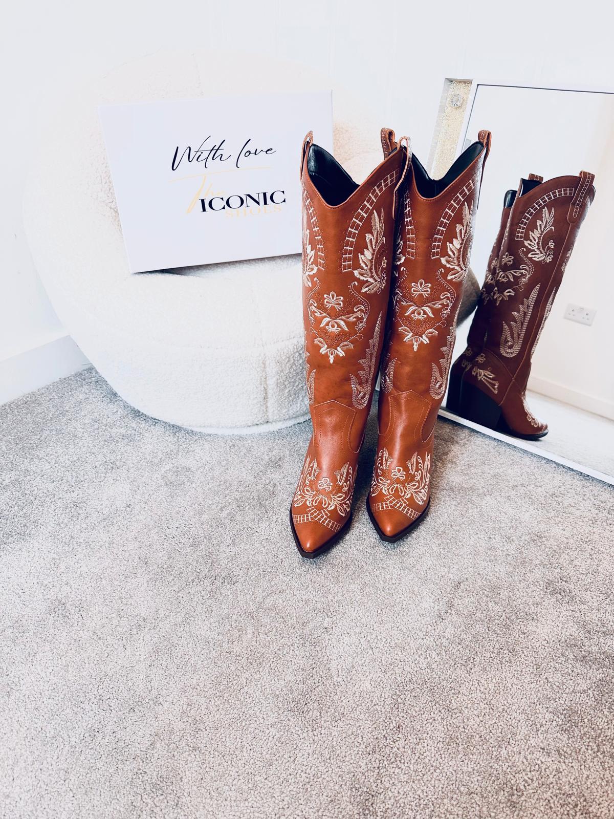 Vintage Embroidery Knee High Cowgirls Boots Pointed Toe MISS POCAHONTAS