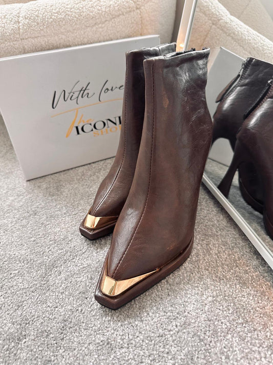 Metal Pointed Toe Thin Heels Rear Zipper Ankle Leather  Boots ALBA