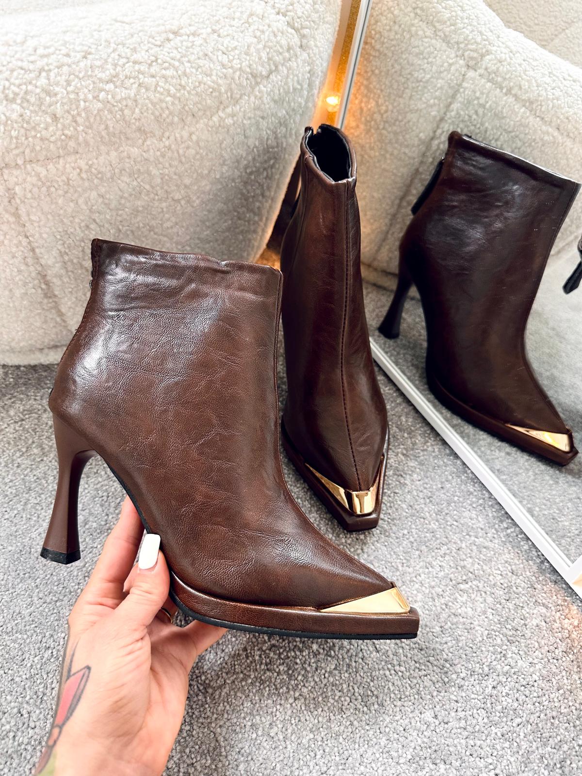 Metal Pointed Toe Thin Heels Rear Zipper Ankle Leather  Boots ALBA