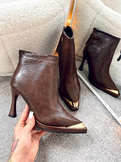 Metal Pointed Toe Thin Heels Rear Zipper Ankle Leather  Boots ALBA