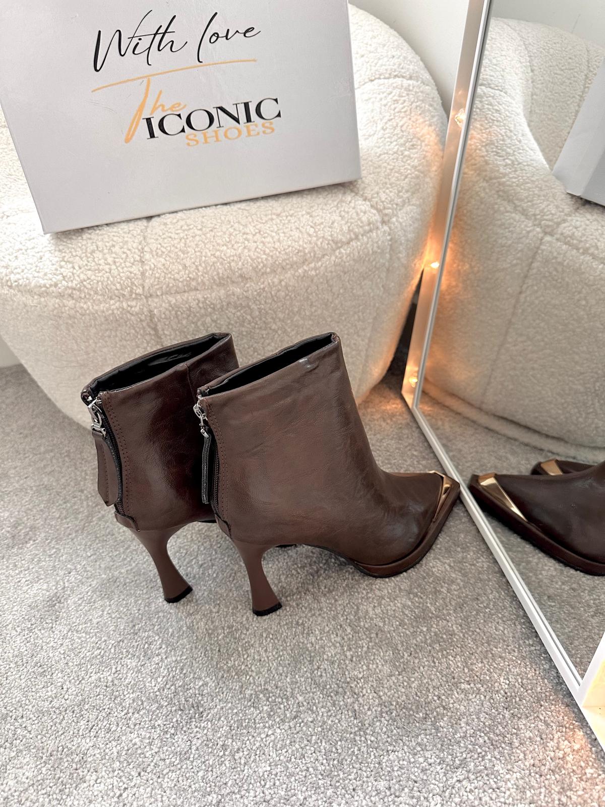 Metal Pointed Toe Thin Heels Rear Zipper Ankle Leather  Boots ALBA