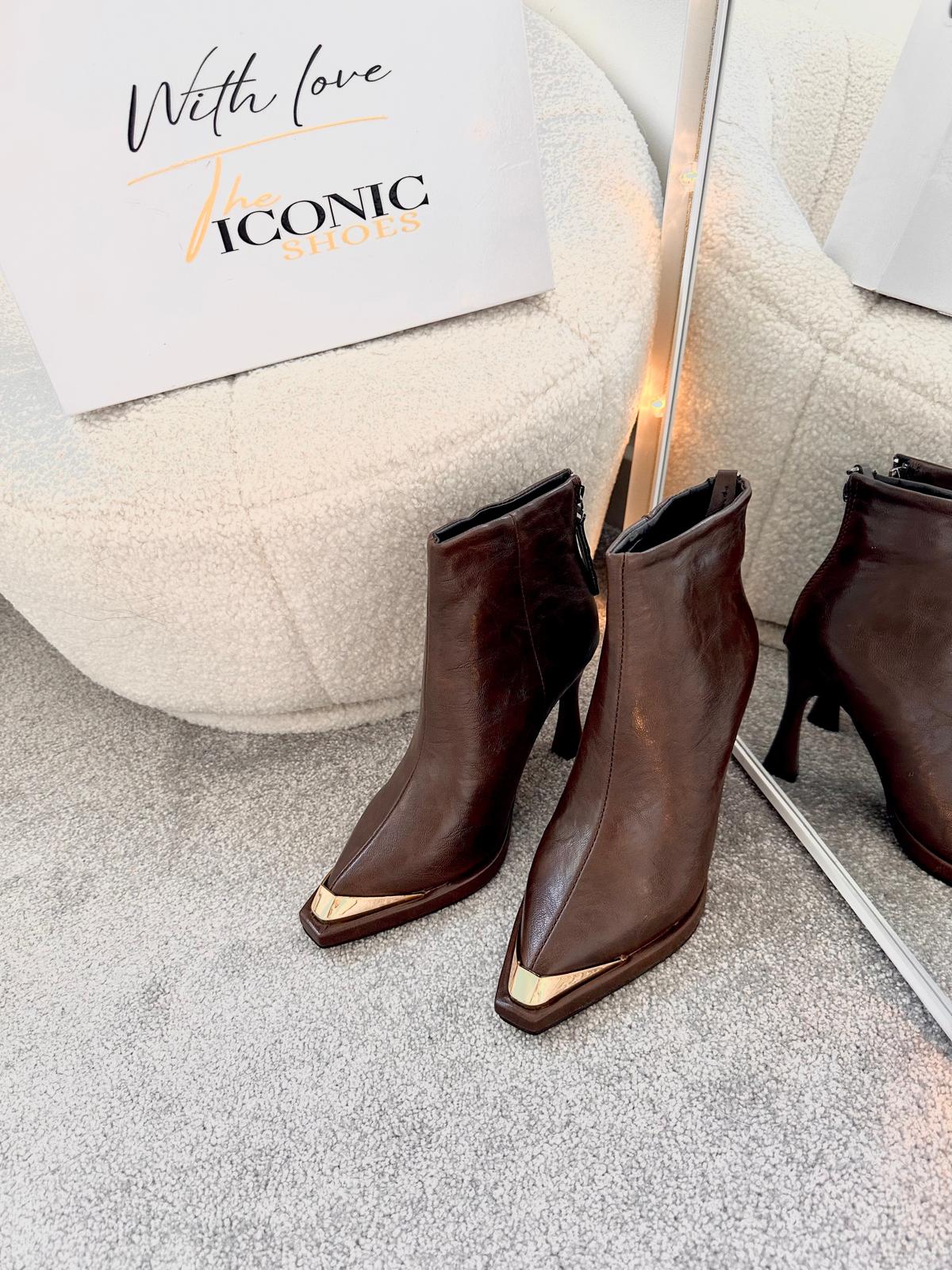 Metal Pointed Toe Thin Heels Rear Zipper Ankle Leather  Boots ALBA