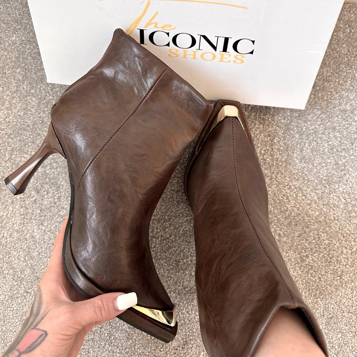 Metal Pointed Toe Thin Heels Rear Zipper Ankle Leather  Boots ALBA