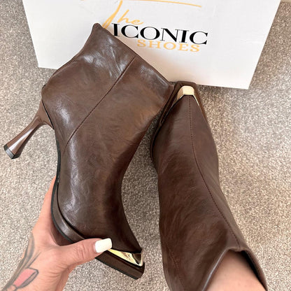 Metal Pointed Toe Thin Heels Rear Zipper Ankle Leather  Boots ALBA