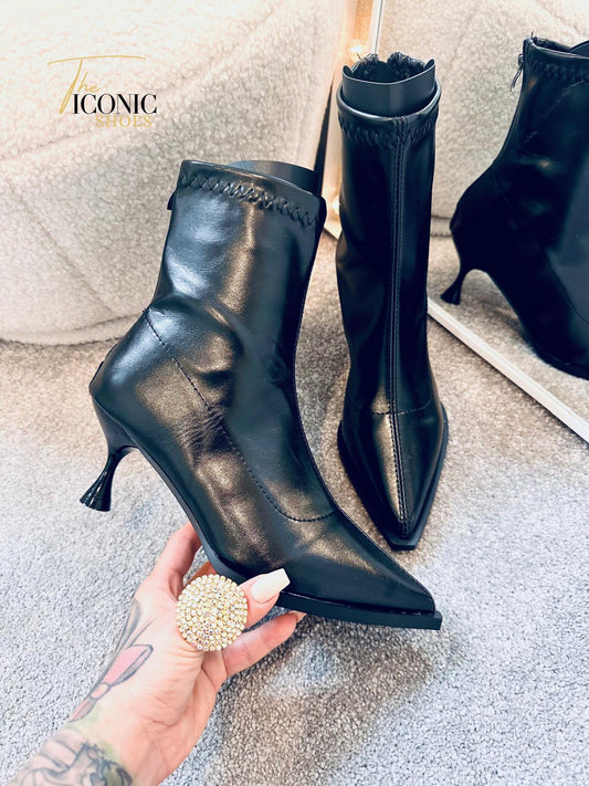 Ankle Pointed Toe Thin High Heel Zipper Patent Leather Boots ELIANA