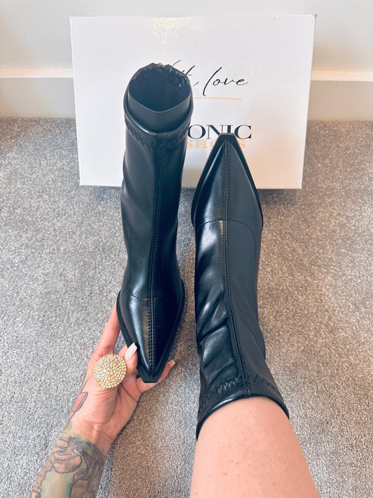 Ankle Pointed Toe Thin High Heel Zipper Patent Leather Boots ELIANA