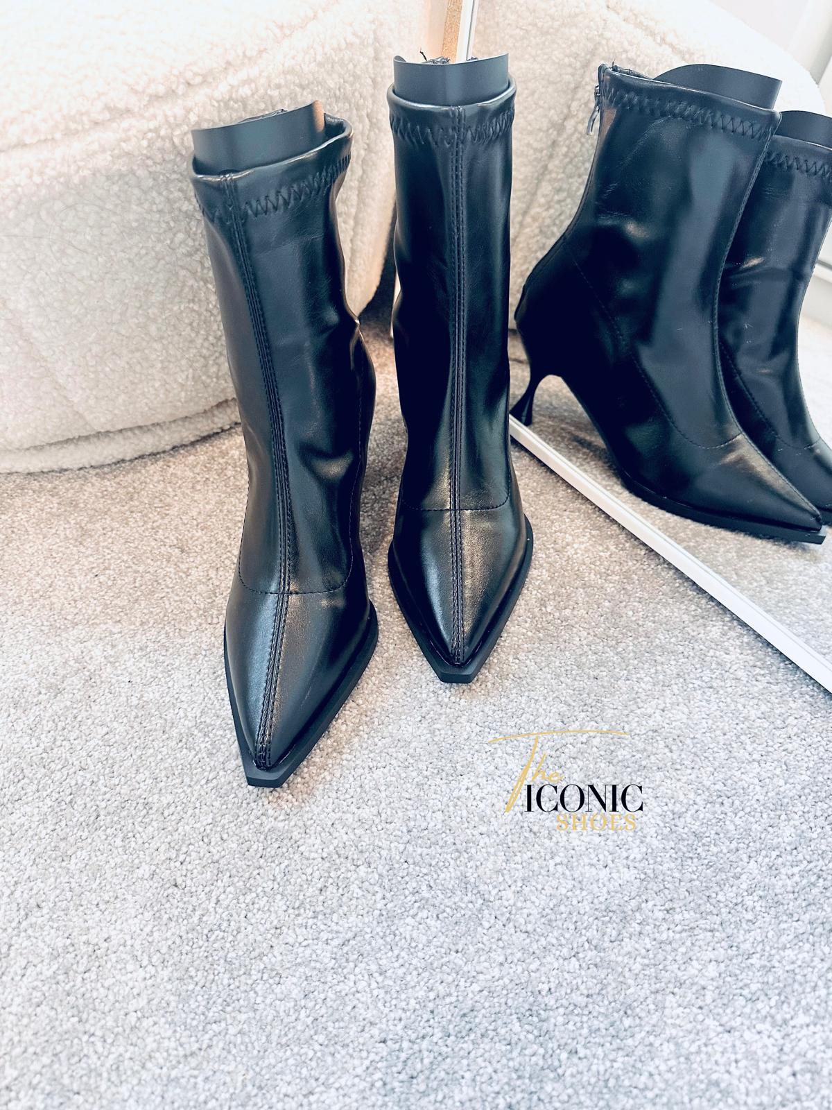 Ankle Pointed Toe Thin High Heel Zipper Patent Leather Boots ELIANA