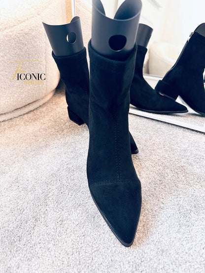 Suede Pointed-Toe Ankle Boots with Rear Zipper and Square Heel SIENNA