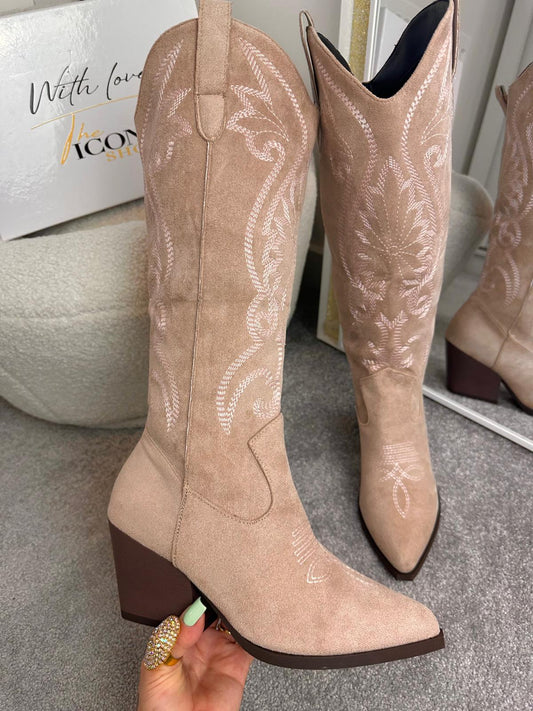 Vintage Suede Embroidery Knee High Cowgirls Boots Pointed Toe WESTERN LUXE