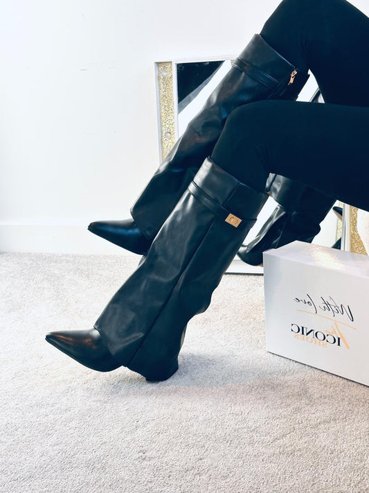 Pointed Metal Buckle Knee High Boots, Thick High-heeled Pants Boots, Fashionable BELLA