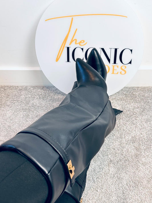 Pointed Metal Buckle Knee High Boots, Thick High-heeled Pants Boots, Fashionable BELLA