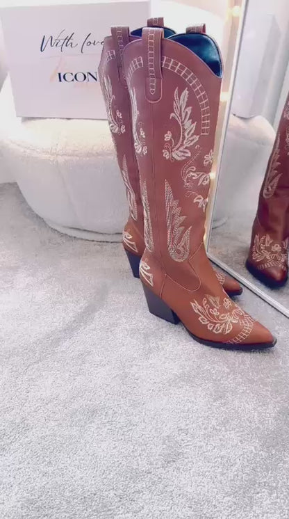Vintage Embroidery Knee High Cowgirls Boots Pointed Toe MISS POCAHONTAS