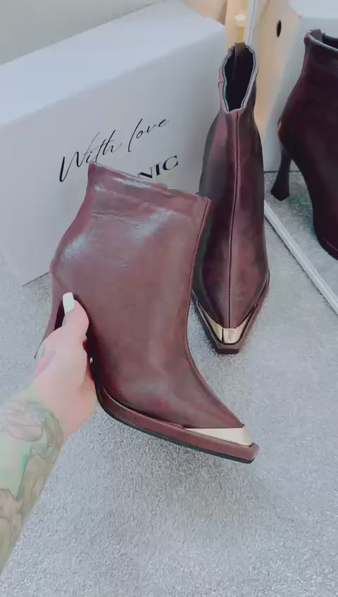 Metal Pointed Toe Thin Heels Rear Zipper Ankle Leather  Boots ALBA