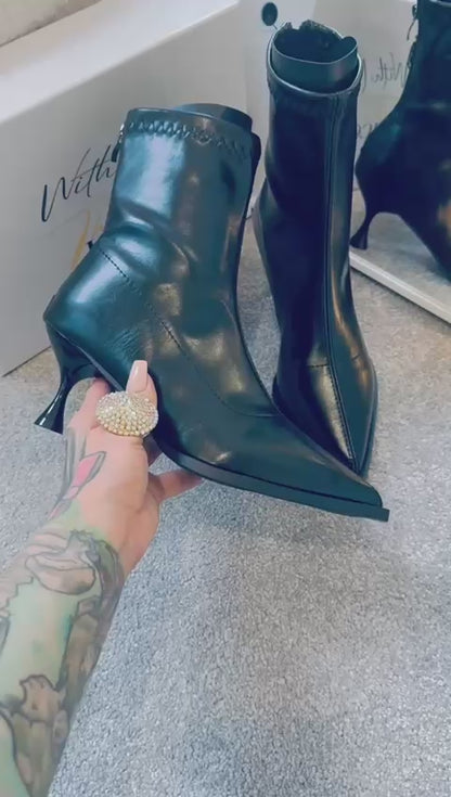 Ankle Pointed Toe Thin High Heel Zipper Patent Leather Boots ELIANA