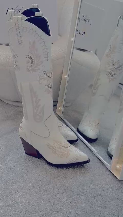 Vintage Embroidery Knee High Cowgirls Boots Pointed Toe MRS JOLENE