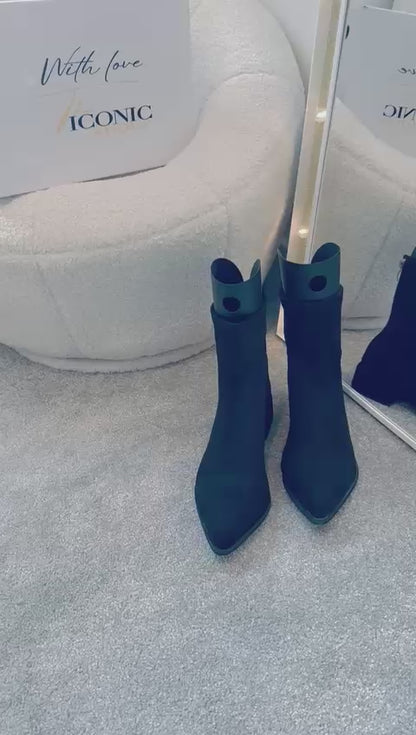 Suede Pointed-Toe Ankle Boots with Rear Zipper and Square Heel SIENNA